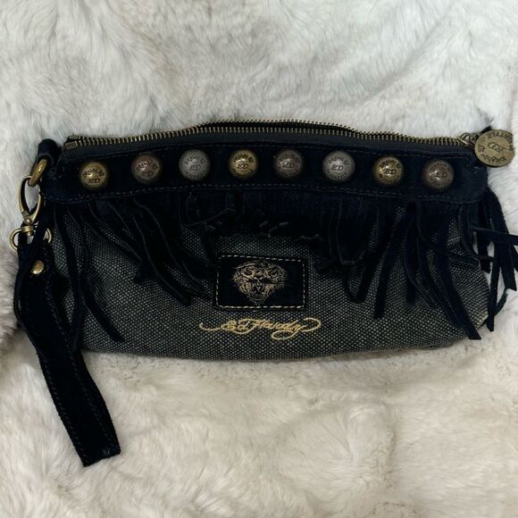Ed Hardy Vintage Black Cow Leather Canvas Fringe Studded Clutch Wristlet - Picture 5 of 17